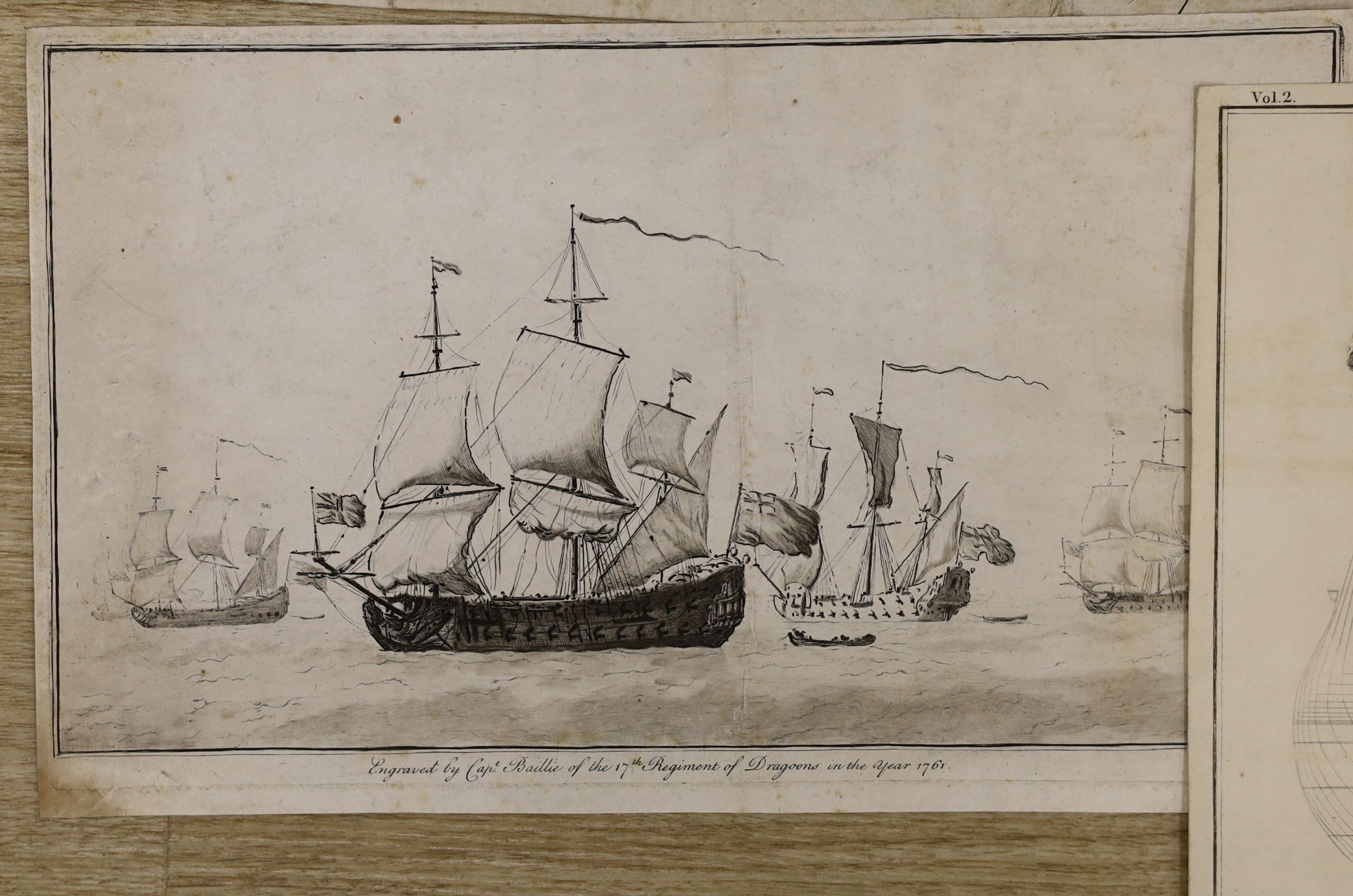 Baillie after Van de Velde, engraving, warships at sea, 1761, 18 x 31cm. an engraving of a warship inscribed 'Rule Britannia', 38 x 44cm, a John Charnock engraving, 'The Captain A British Third Rate. 1678', 28 x 60cm. an
